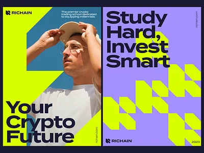 Modern Posters for Crypto Trading School Richain a4 academy blockchain branding clean courses crypto graphic design green hipster identity instagram modern poster purple r logo school social media trading