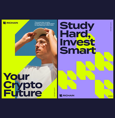 Modern Posters for Crypto Trading School Richain a4 academy blockchain branding clean courses crypto graphic design green hipster identity instagram modern poster purple r logo school social media trading