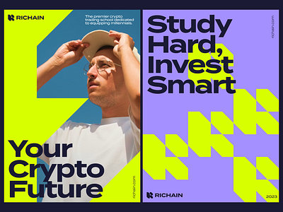 Modern Posters for Crypto Trading School Richain a4 academy blockchain branding clean courses crypto graphic design green hipster identity instagram modern poster purple r logo school social media trading