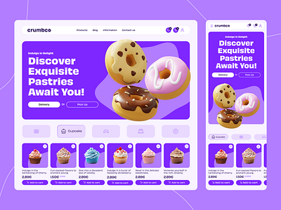 Crumbco Pastries - Landing Page - UI/UX add to cart baked bakery crumbco delivery design figma goodbrief landing page pastries pick up product purple social media sweet ui user experience user interface ux web design