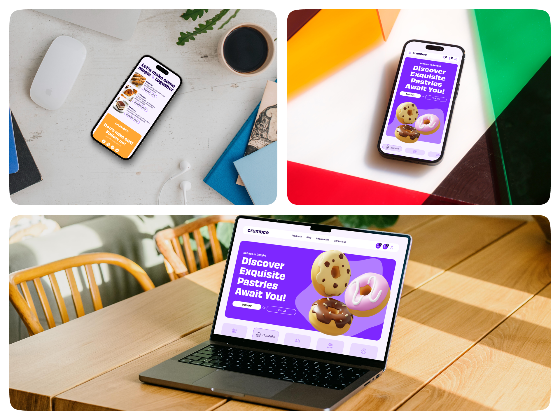 Crumbco Pastries - Landing Page - UI/UX add to cart baked bakery crumbco delivery design figma goodbrief landing page pastries pick up product purple social media sweet ui user experience user interface ux web design