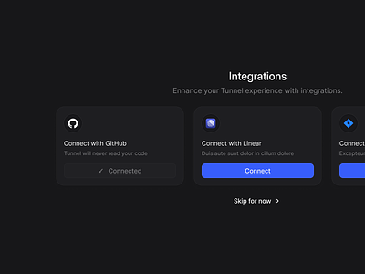 Onboarding Integrations for @TunnelHQ buttons dark mode dark ui details integrations onboarding