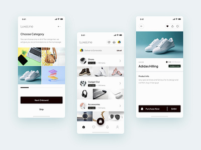 LuxeLine - ECommerce Mobile App UI Design app branding design ecommerce graphic design illustration mobile app online shop shop shopping ui design user interface ux vector website