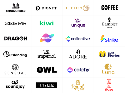 collection of logos animal bird branding clever colorful company dragon face good head it logo logo design logo designer logotype minimal modern strong woman