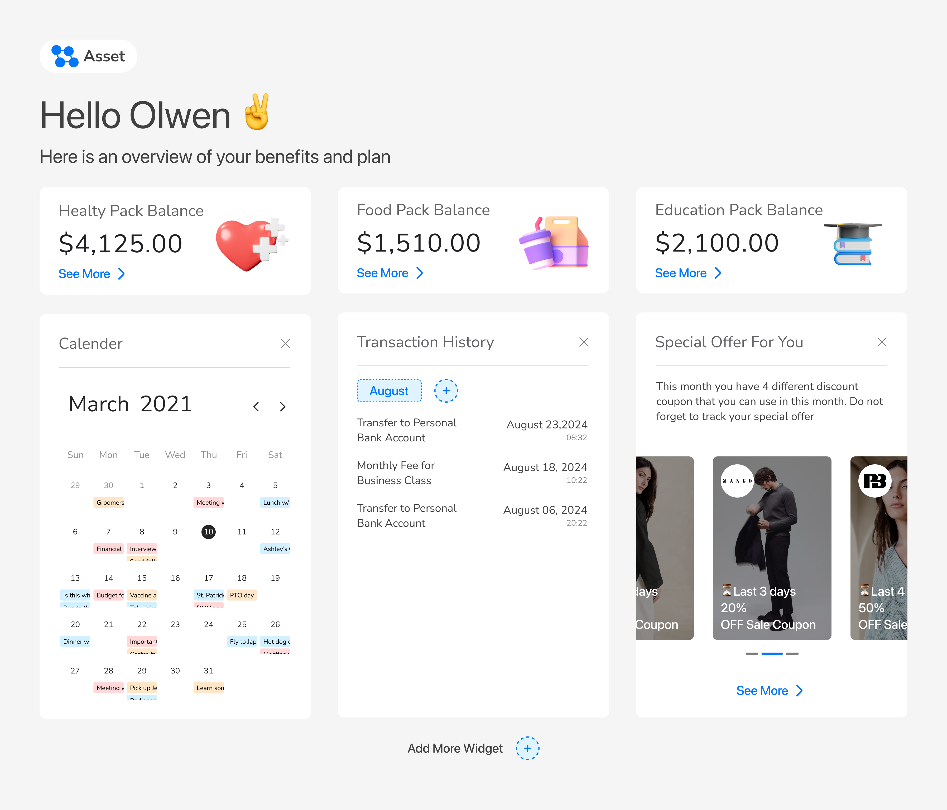 Benefits dashboard with widget benefit dashboard finance ui ux
