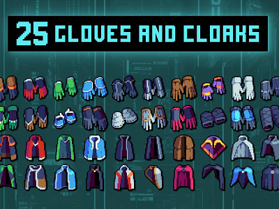The Cyberpunk Gloves and Cloaks Pixel Icon Set 2d 32x32 art asset assets cyberpunk game game assets gamedev icon icone icons indie indie game pixel pixelart pixelated png psd rpg