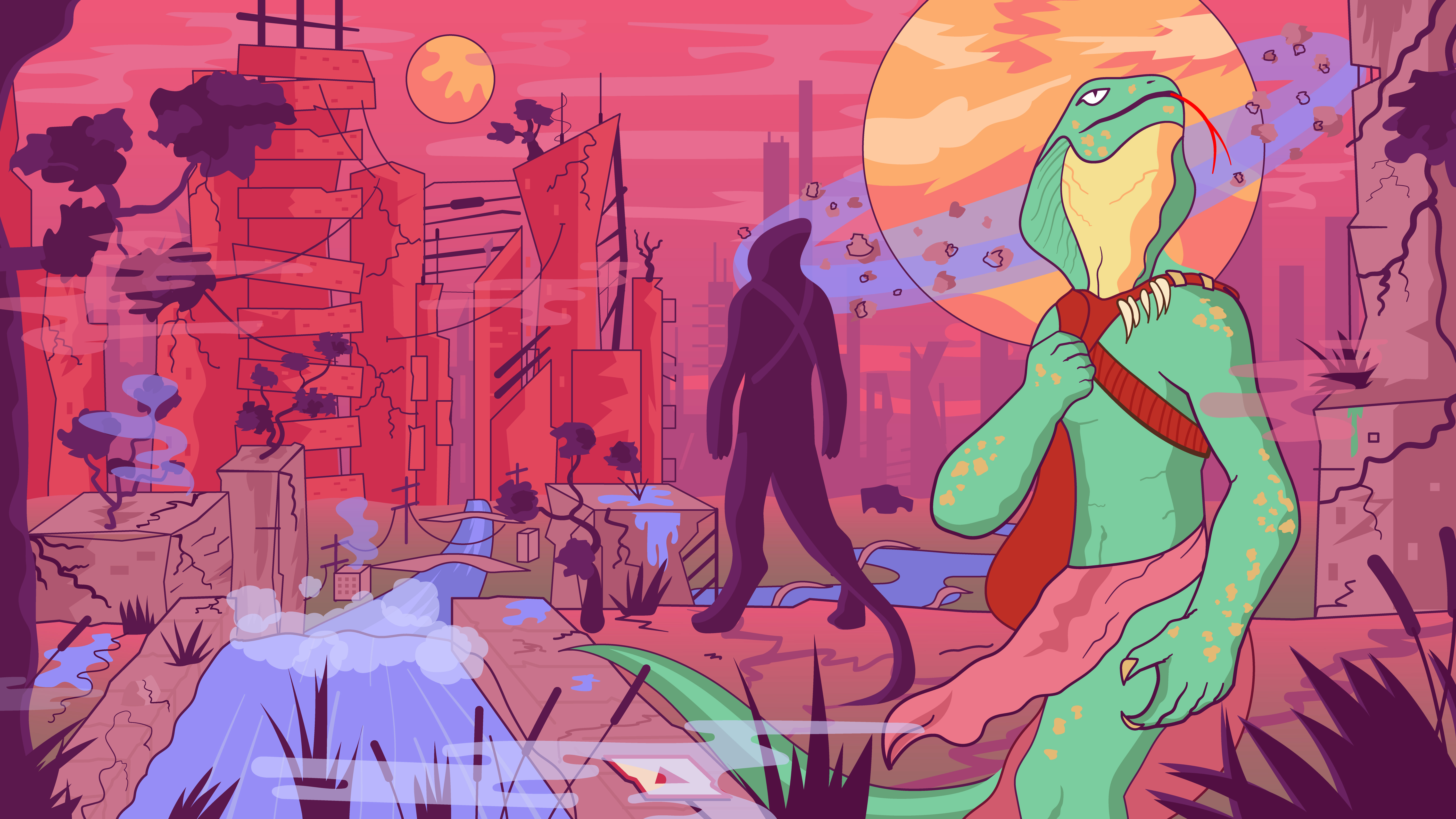 post-apocalyptic world concept with lizards abandoned art book cartoon cartooning character design concept concept art design fantasy flat illustration literature lizard post apocalypse post apocalyptic ruins sci fi science fiction vector