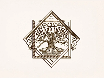 Ashland lumber emblem branding carpenter construction design emblem engraving etching geometry illustration intricate linocut logo logo design lumber old school tree vector design vintage wood woodcut