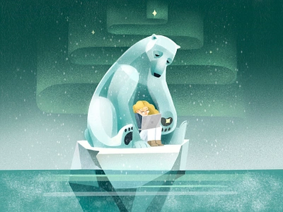 Remote work in winter country aura girl graphic design iceberg illustration laptop north light polar bear remote show star winter