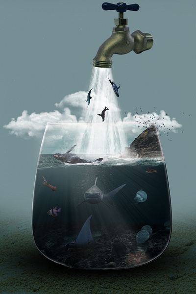 art with a glass beaker with the underwater world inside design illustration