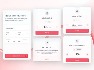 Health Profile Onboarding date design health care health measurement health profile height measure mobile app mockup onboarding ui ux visual design weight measure why we are