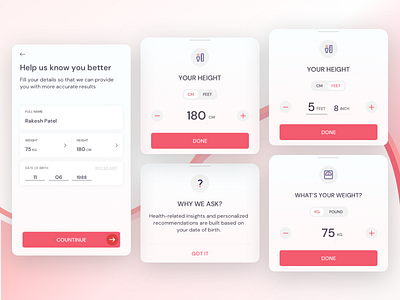 Health Profile Onboarding date design health care health measurement health profile height measure mobile app mockup onboarding ui ux visual design weight measure why we are