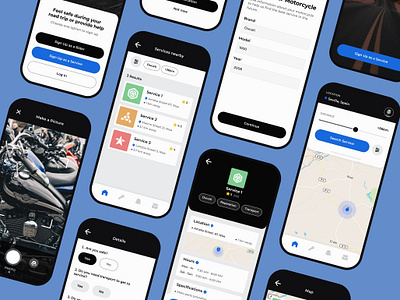 App that Helps Motorcycle Riders to Find Service application automotive service blue branding figma moto moto service motorcycle ui ui app