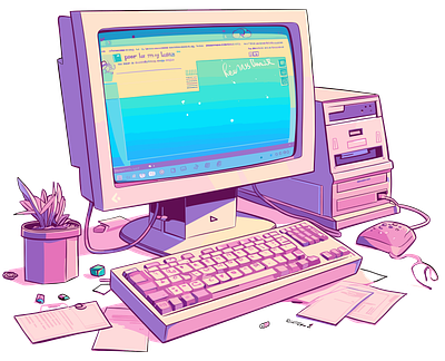 A computer that says per my last email on a desk, 90s aesthetic vintage tech