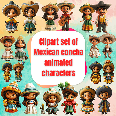 Clipart set of Mexican concha animated characters bakery cartoon
