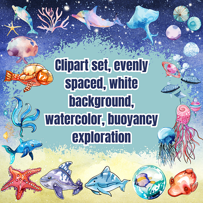 Clipart set, evenly spaced, watercolor, buoyancy exploration learning aids