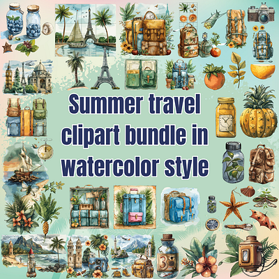 Summer travel clipart bundle in watercolor style outdoor adventures