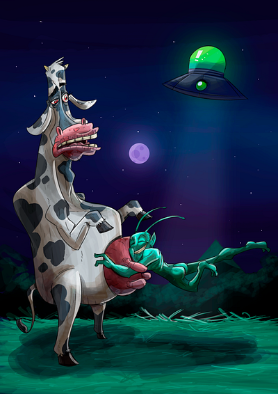 Milk Shake from Another World alien animal art cartoon charge cow digital art digital painting et farm humor illustration illustrator milk night ovni space