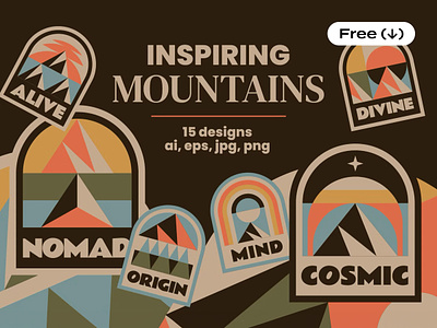 Inspiring Mountains Badges badge camp camping clipart design download emblem embroidery free freebie hiking illustration mountains nature outdoor pin pixelbuddha transparent vector