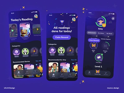 Designing an Educational Reading App for Kids app blue book cover design elementary ios kids learning literacy mobile play progress reading reward story ui violet words