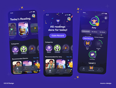 Designing an Educational Reading App for Kids app blue book cover design elementary ios kids learning literacy mobile play progress reading reward story ui violet words