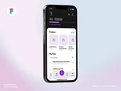 File Storage App - App Home Screen Design Template app avatar file folder home ios light mobile my files navigation progress purple server space storage template ui upload violet white