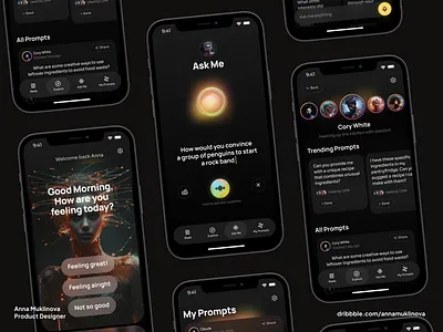 AI-powered social network mobile app Figma UI template ai app artificial chatgpt dark design figma friends instagram ios light midjourney mobile post prompts reeel social template ui voice