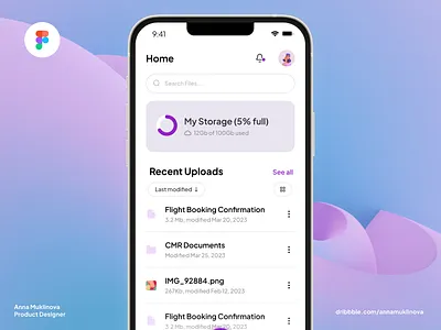 File Storage App - App Home Screen Design Template app blue design file folder ios mobile navigation progress purple server space storage template ui upload white