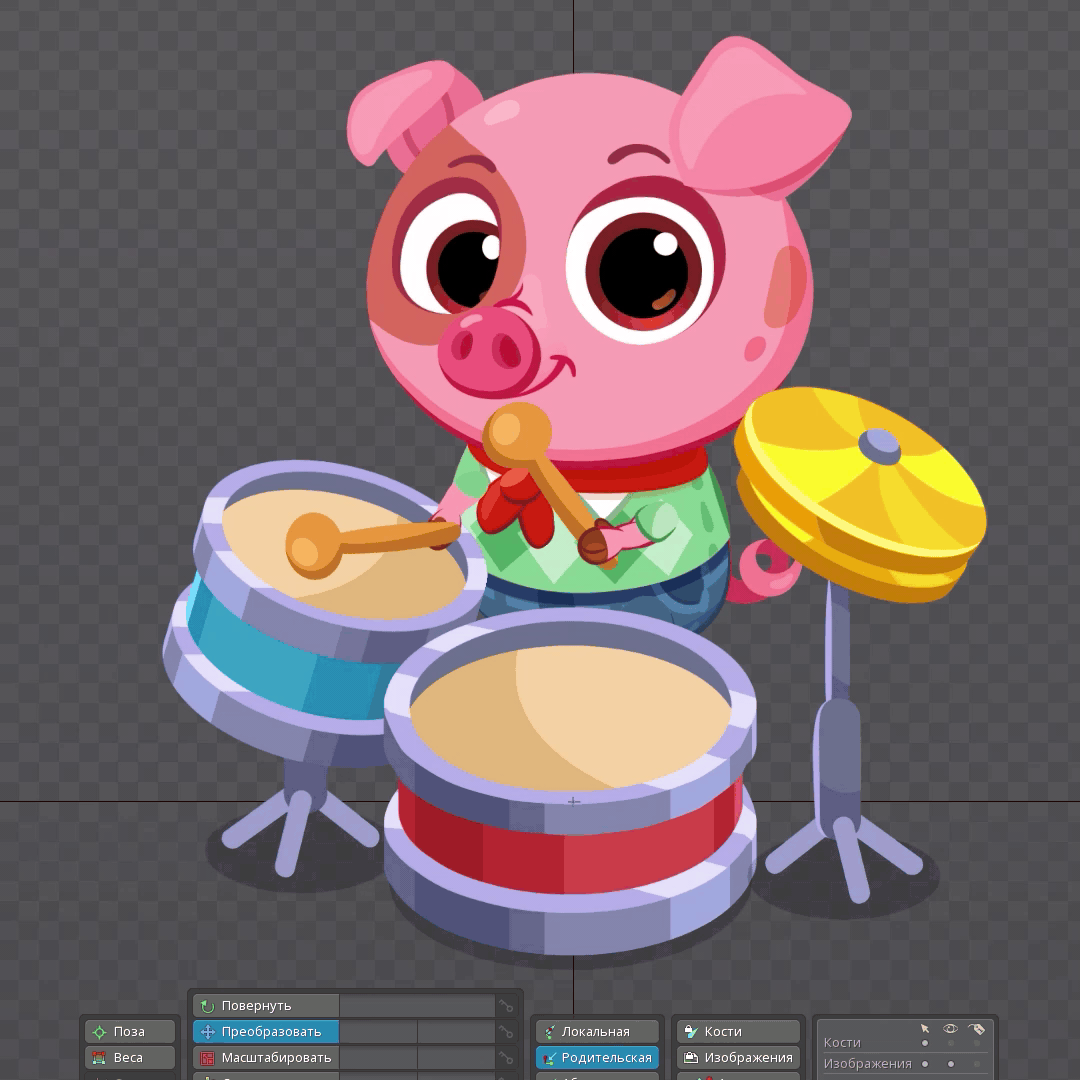 Piggy Drummer 2d animation animation character game hero mobile rigging spine vialex
