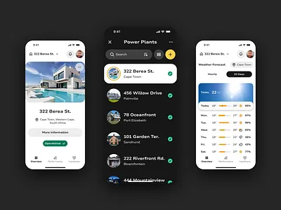 Solar Installation Overview app dashboard design digital electricity energy home installation management menu monitoring overview screen solar sun ui ui design uiux ux weather