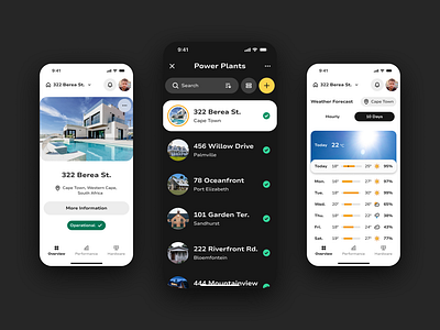 Solar Installation Overview app dashboard design digital electricity energy home installation management menu monitoring overview screen solar sun ui ui design uiux ux weather