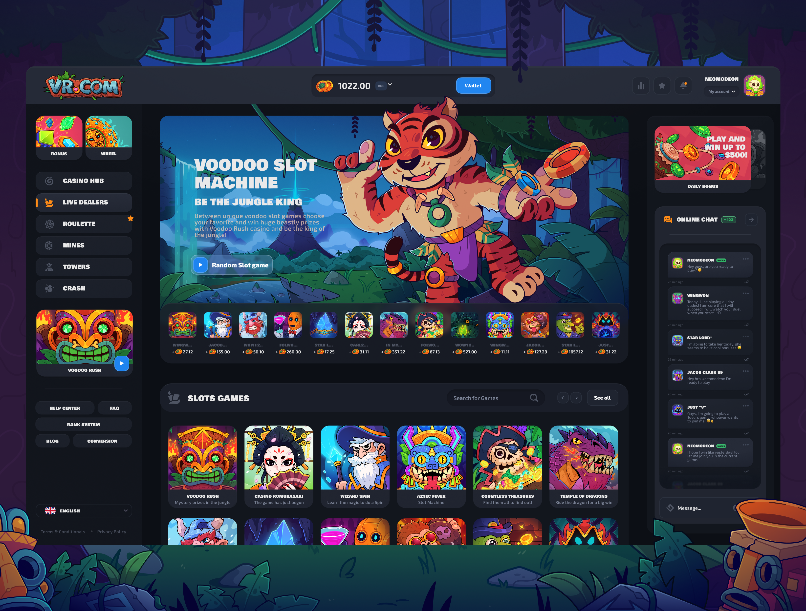 Voodoo Rush: Live Dealers art banner betting bonus casino dark theme gambling gaming igaming illustration jungle live online slot slot machine tiger ui game uiux web web design