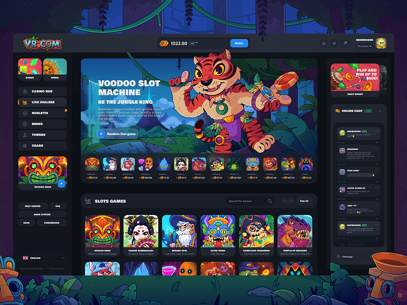 Voodoo Rush: Live Dealers art banner betting bonus casino dark theme gambling gaming igaming illustration jungle live online slot slot machine tiger ui game uiux web web design