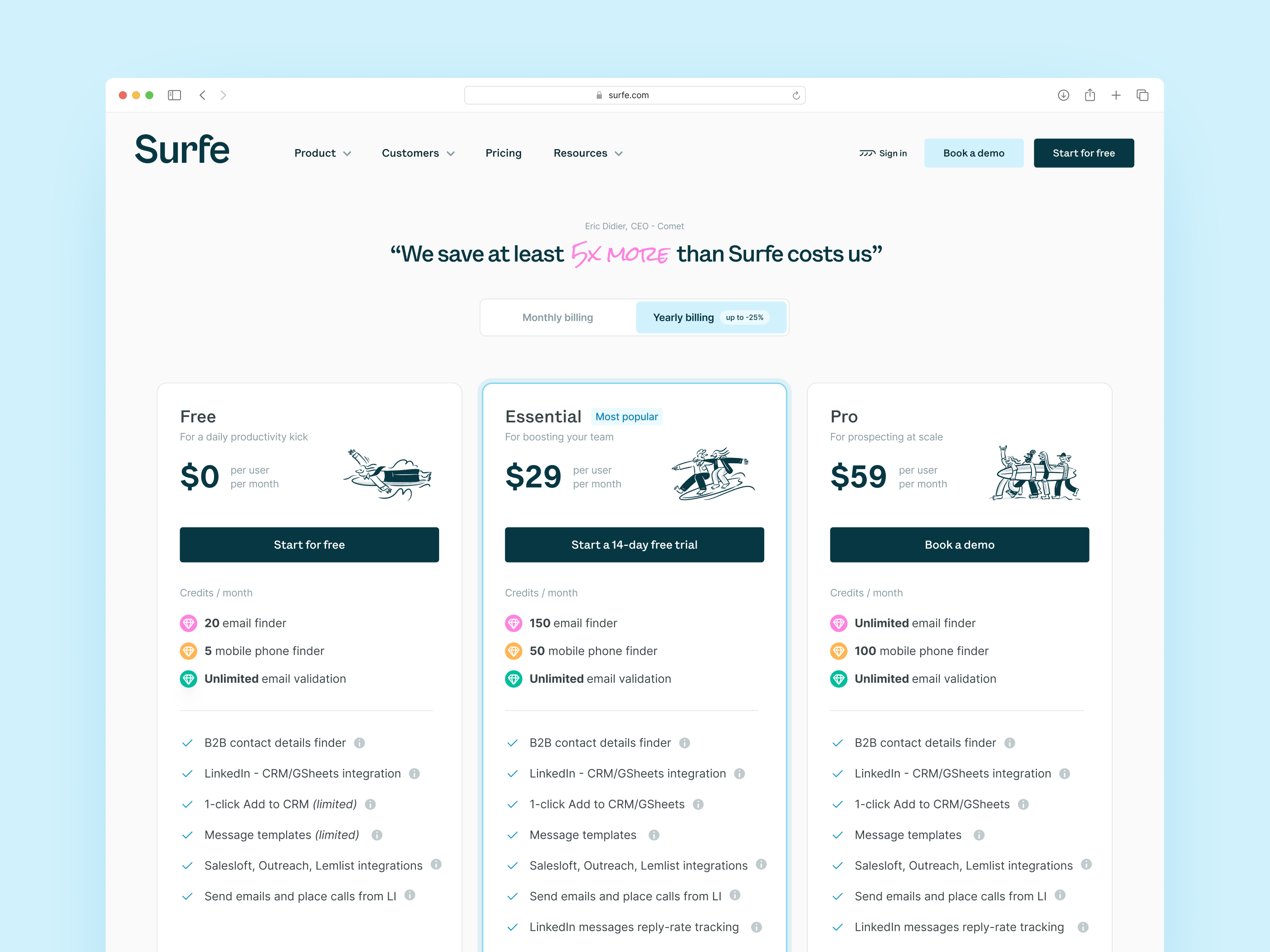 Pricing page | Surfe app design b2b b2b saas crm plans pricing pricing page pricing plans product saas software ui ui design uidesign ux web web app web design webdesign website