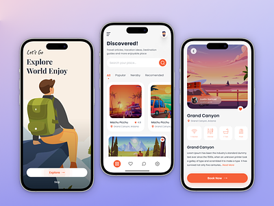 Travel Mobile App adventure agency app design booking app colorful ui destinations figma design holidays hotel booking app illustration room booking tour tour app tourism travel travel booking app travel mobile app traveler trip vinomind