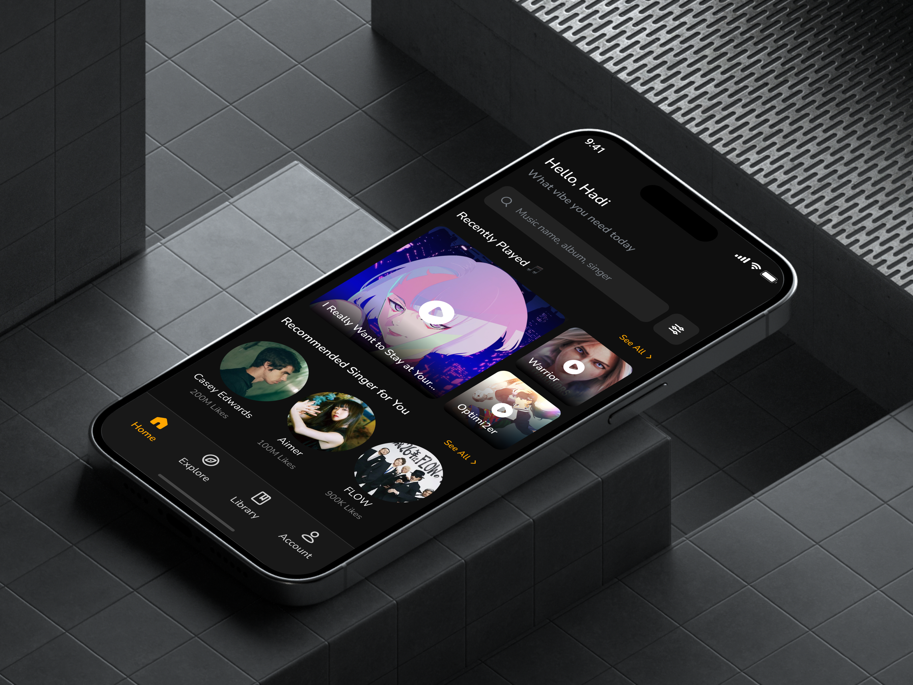 🎵 Musicly - Music Player App Design album app artist branding dark design home library lyrics mobile mockup music player repeat search singer song spotify ui ux