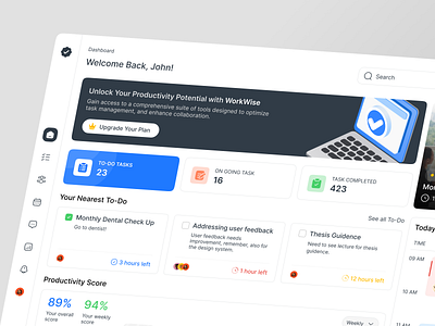 WorkWise - Productivity Dashboard - Home Page activity analytics dashboard dashboard design dashboard ui design home page overview overview page productivity productivity dashboard subscription banner task management task management ui to do list ui ui design uiux website website ui