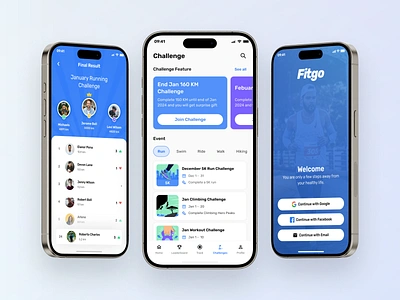 Fitgo - Onboarding, Challenge & Leaderboard Mockup Version categories challenge featured fitness gym health hiking leaderboards log in minimalist mobile app modern onboarding runner app running sports statistics tracker app uiux workout