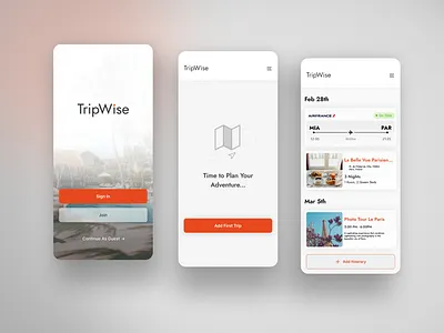 TripWise Mobile App UI airbnb explore flight hotel itinerary manage organize planning schedule tickets tour travel travelapp travelplan trip ui
