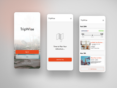 TripWise Mobile App UI airbnb explore flight hotel itinerary manage organize planning schedule tickets tour travel travelapp travelplan trip ui