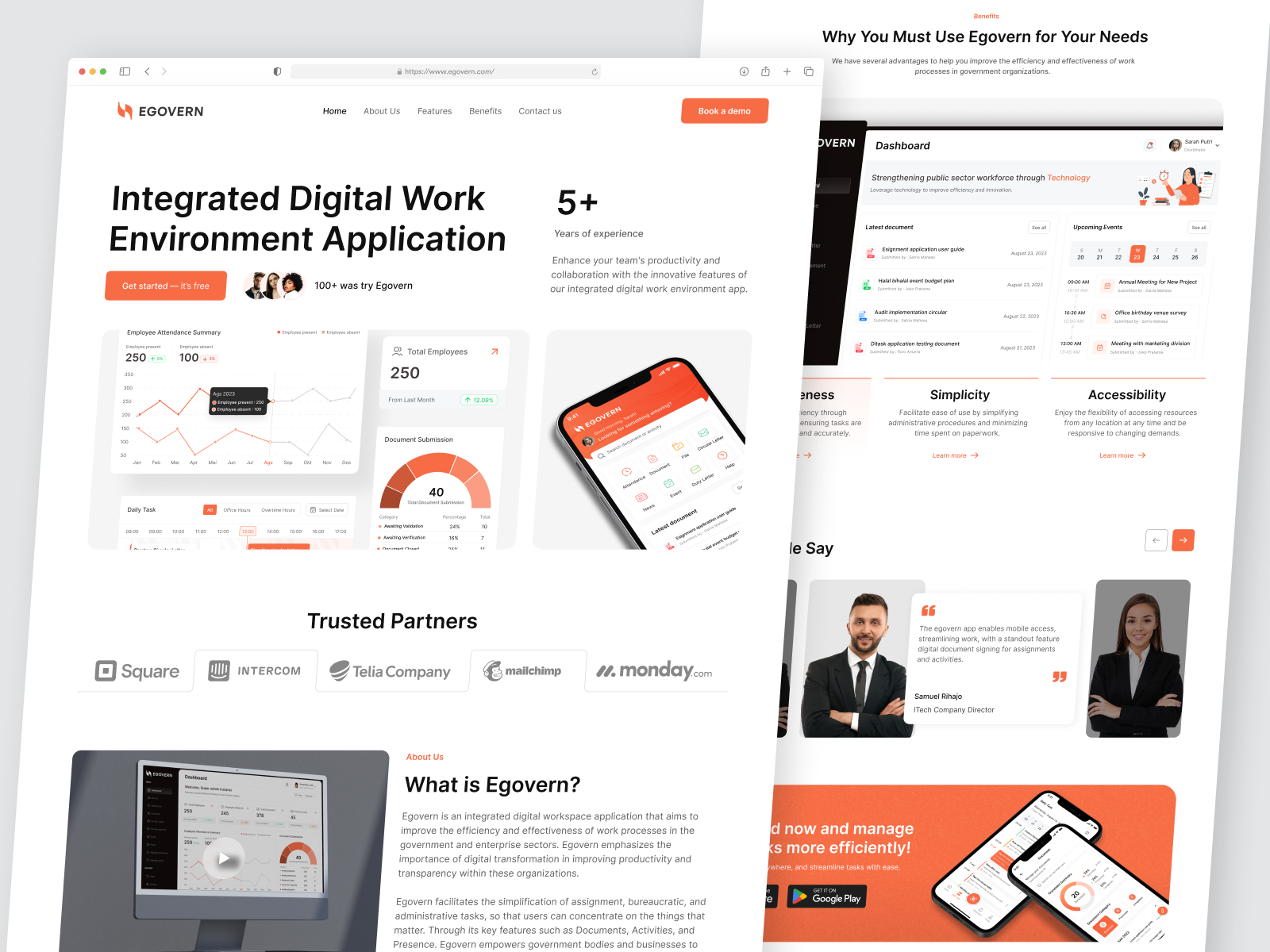 Egovern - Government Administration Landing Page attendance business company dashboard e office employee employee managing government administration landing page management mobile app productivity tools project management saas saas landing page task management tools web design work work management app