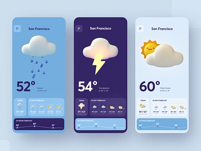 Fun Weather App 😜 3d app c4d cloud cloudy forecast illustration interface mobile rain rainny shower storm sun sunny thunder thunderstorm ui uiux weather