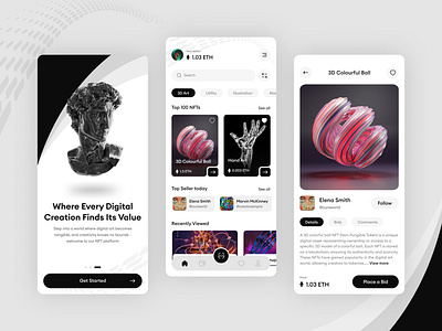 NFT Mobile App 3d art bidding buttons card design detailpage digitalart ethereum filter home page icons mobile app nav bar nft onbarding ui uiux design visual design wallet wishlist