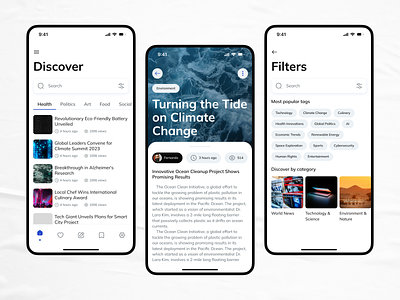 News digest mobile app design app design article chips clean ui design digest filter glow ios mobile mobile app news popular recommendations search tabs tags ui user interface ux