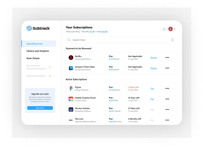 Subtrack - Simplifying Monthly Finances dashboard dashboard design figma minimalistic subscription subscription finder subscription manager ui ux