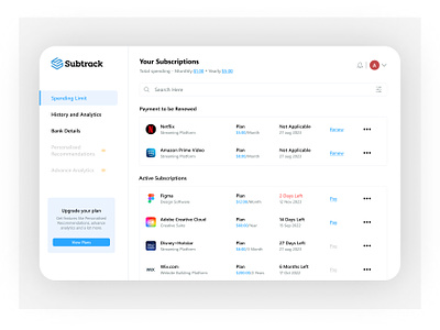 Subtrack - Simplifying Monthly Finances dashboard dashboard design figma minimalistic subscription subscription finder subscription manager ui ux