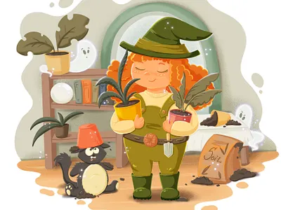 Spring Gardening 🪴 blackcat character design digital art illustration procreate spring witch