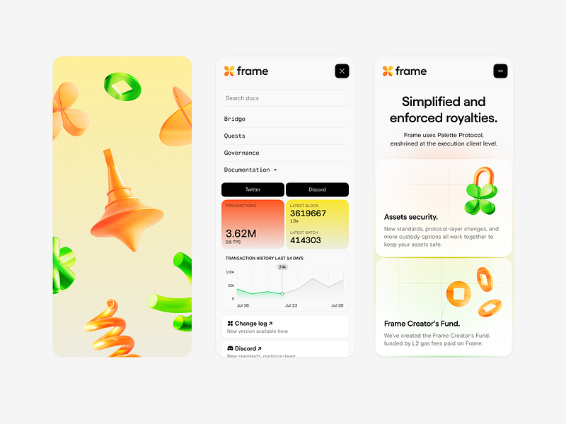 frame network: web design blockchain crypto l2 nft protocol visual identity web design web page web site web3