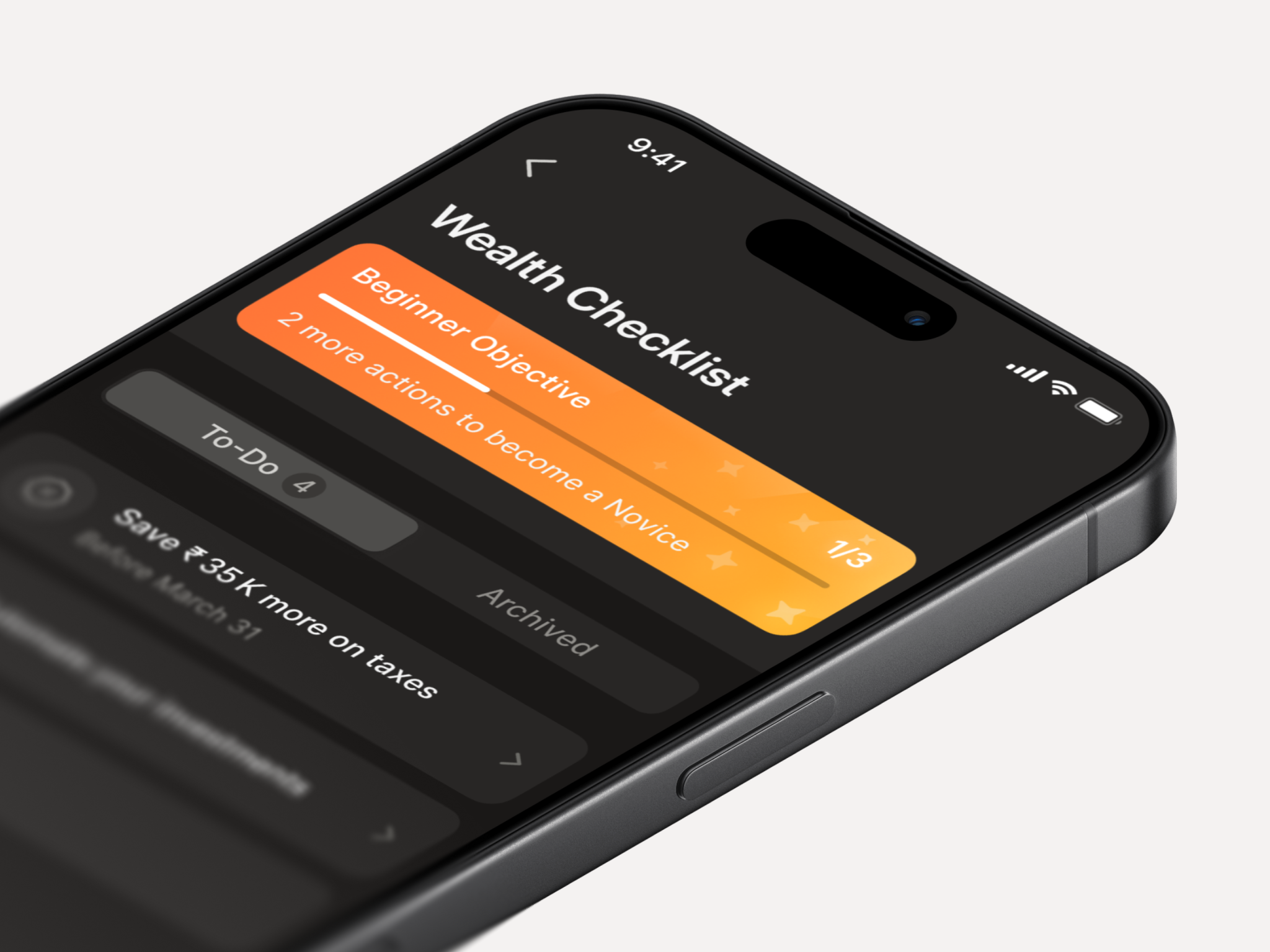Wealth Checklist action list cards chart checklist dark mode finance gamification investment list orange progress bar to do to do list vibrant wealth wealth management