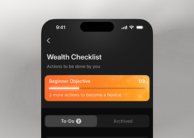 ☑️ Wealth checklist action list cards chart checklist dark mode finance gamification investment list orange progress bar to do to do list vibrant wealth wealth management